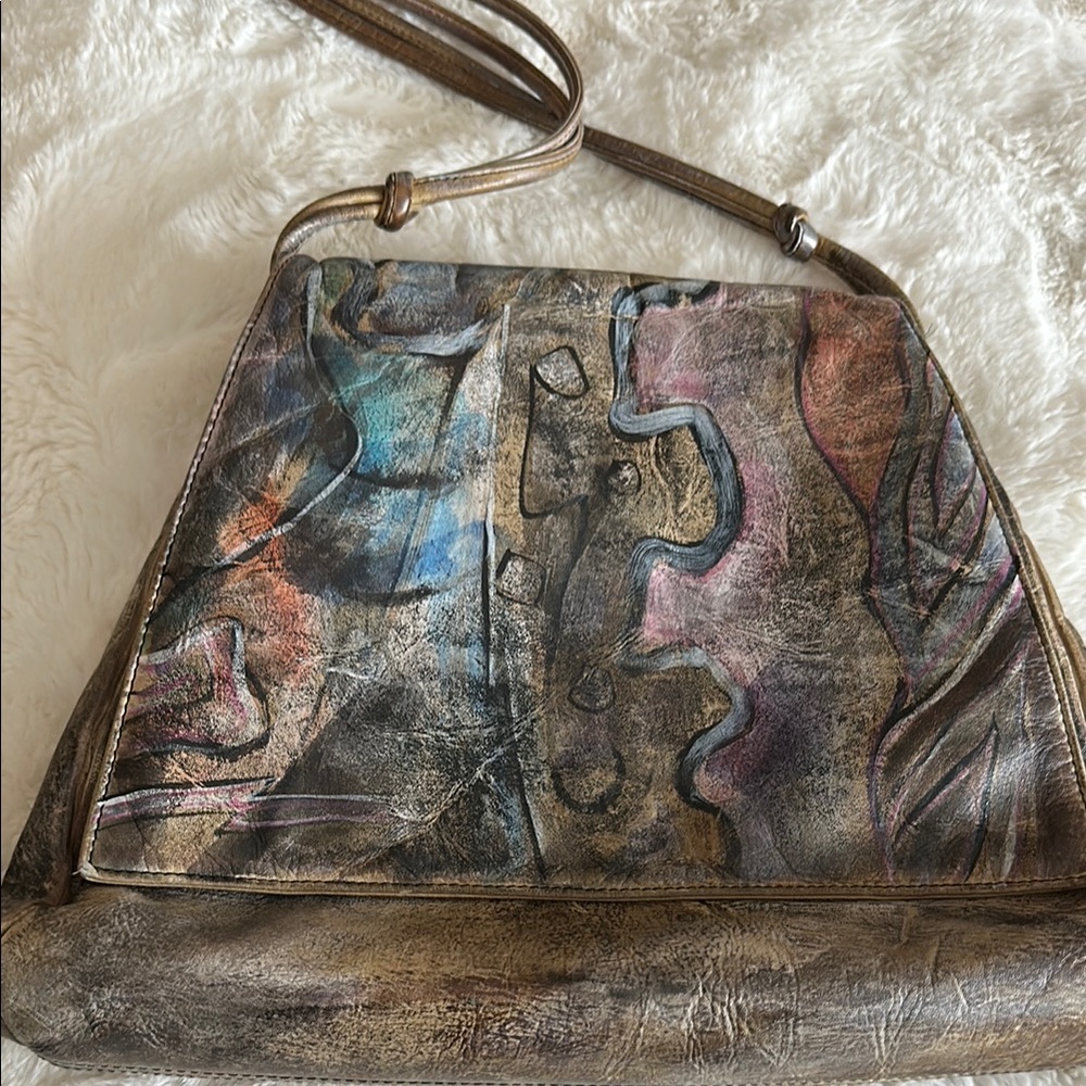 Brown and Blue Artistic Shoulder Bag with Unique Design